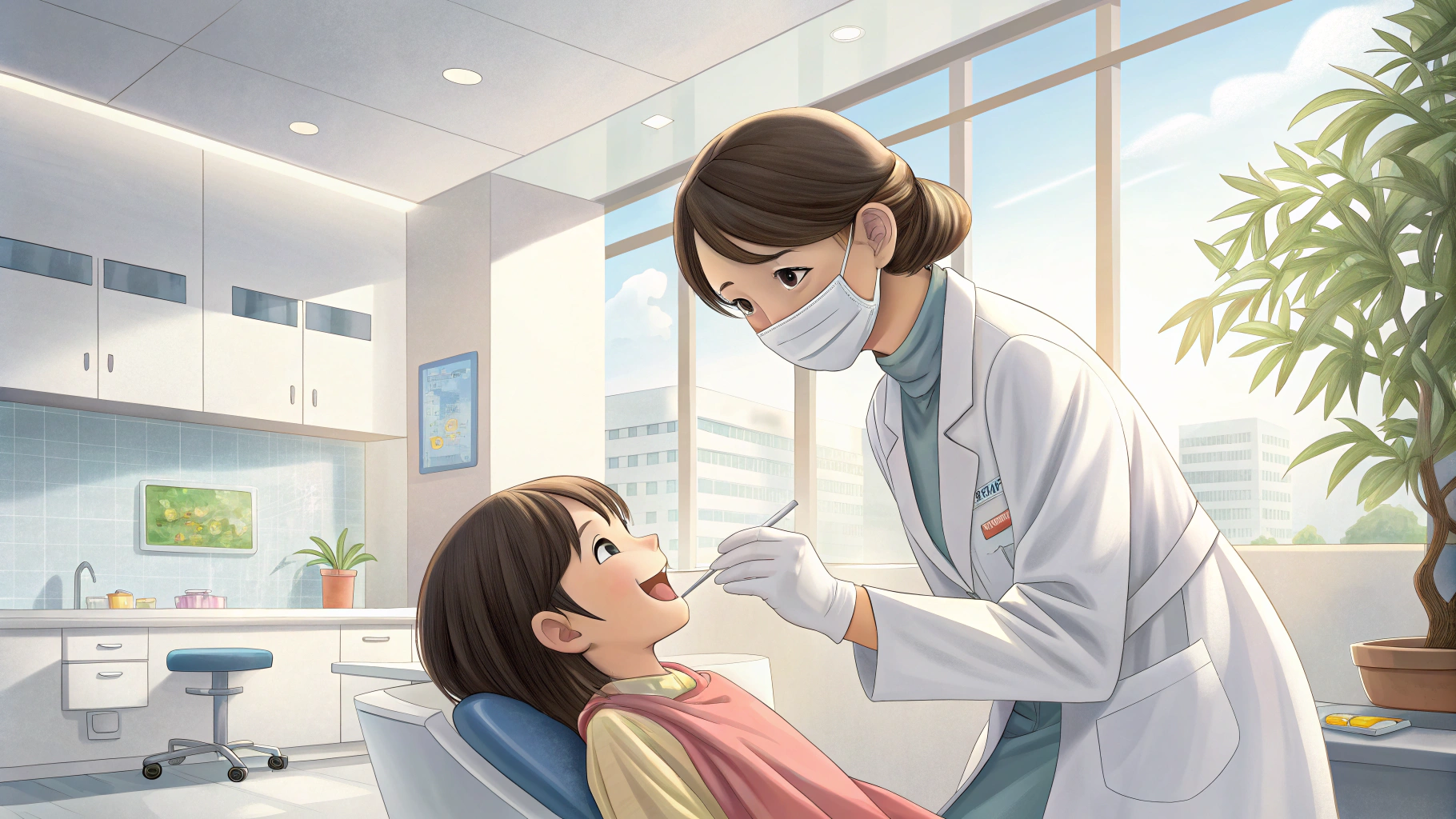 歯医者で歯科衛生士のクリーニングを受ける女の子