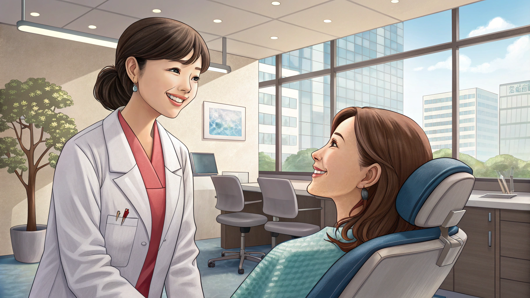 歯医者で笑顔の歯科衛生士と患者