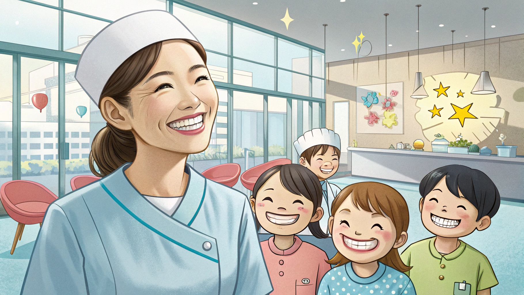 笑顔の歯科衛生士と子どもたちのイラスト