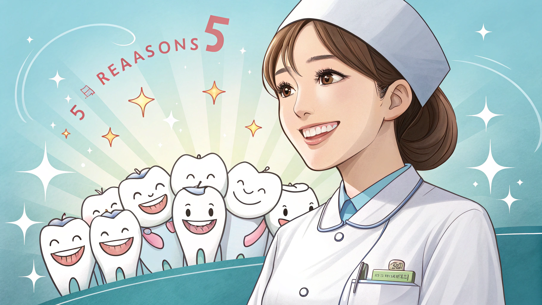 笑顔の歯科衛生士と喜ぶ歯たちのイラスト