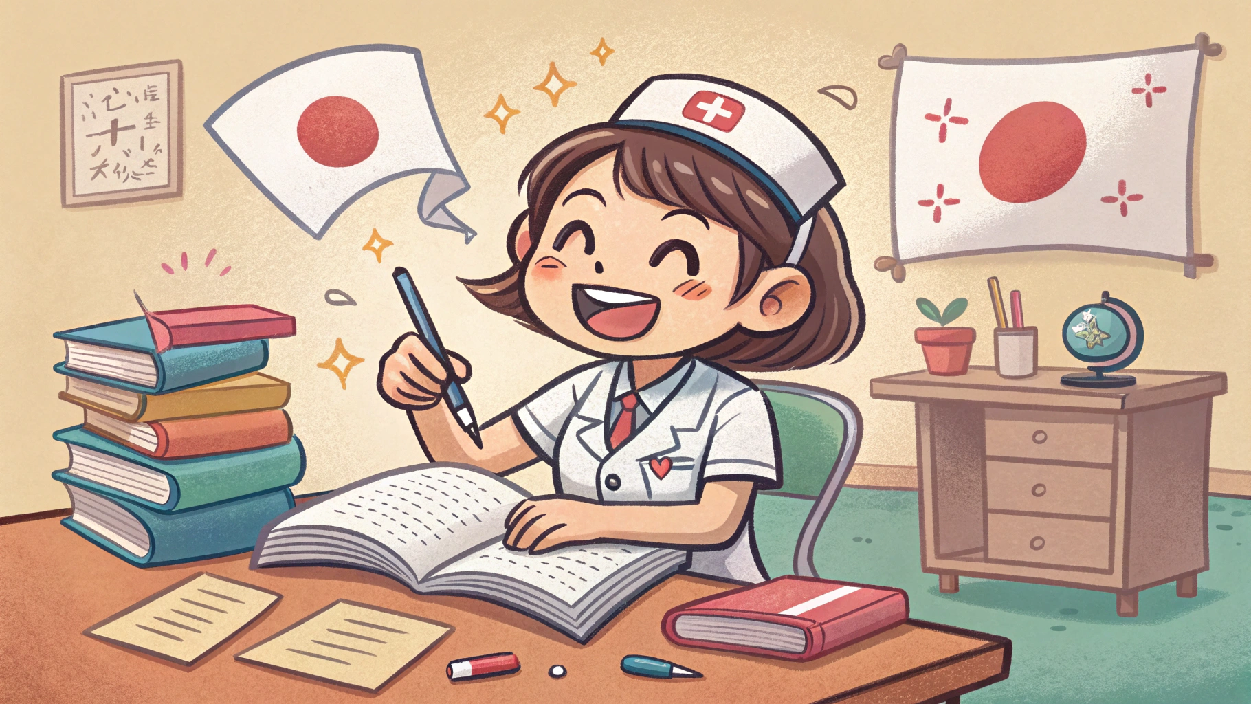 英語を勉強する笑顔の歯科衛生士のイラスト