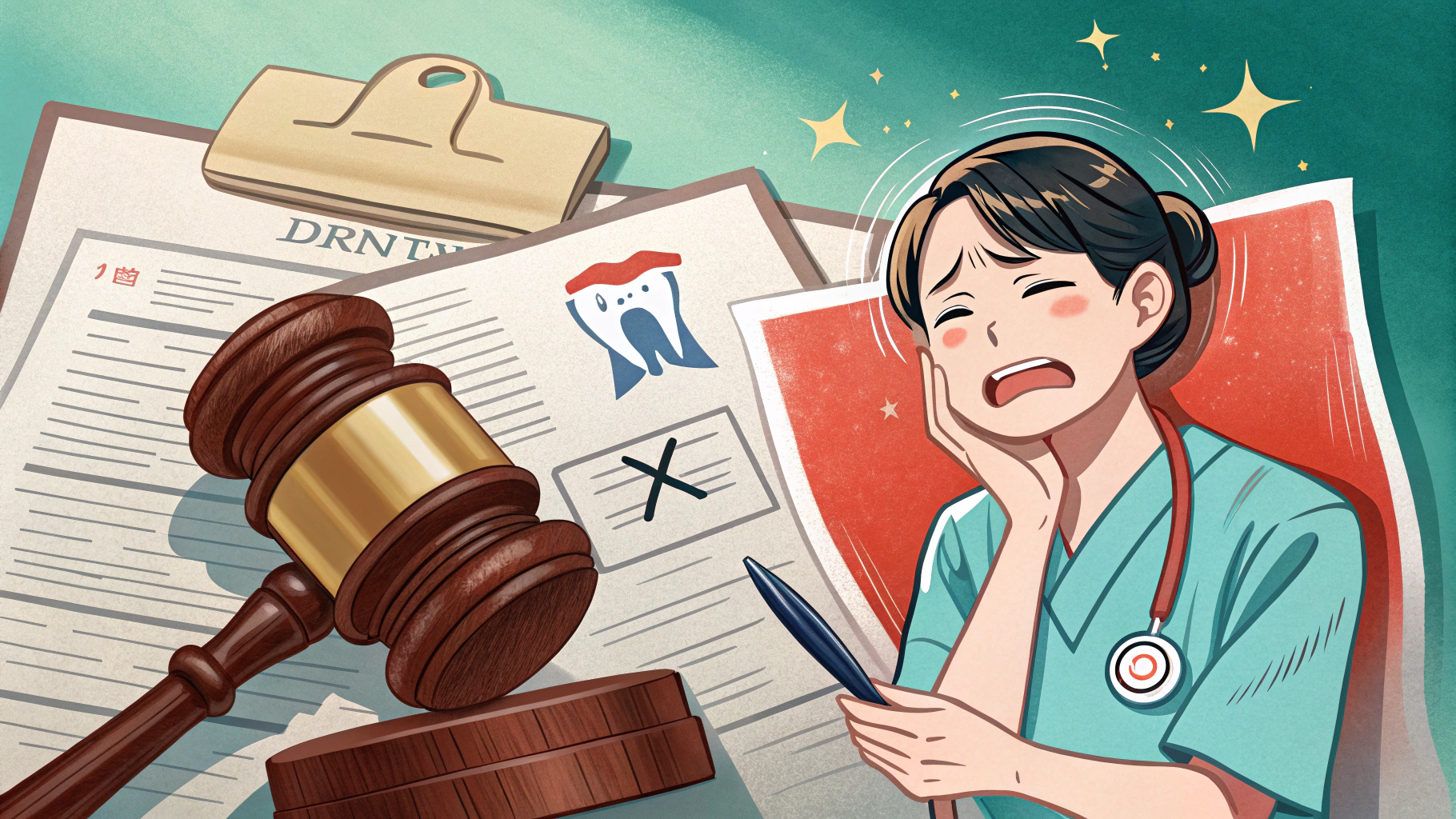 歯医者の書類と苦悩する歯科衛生士