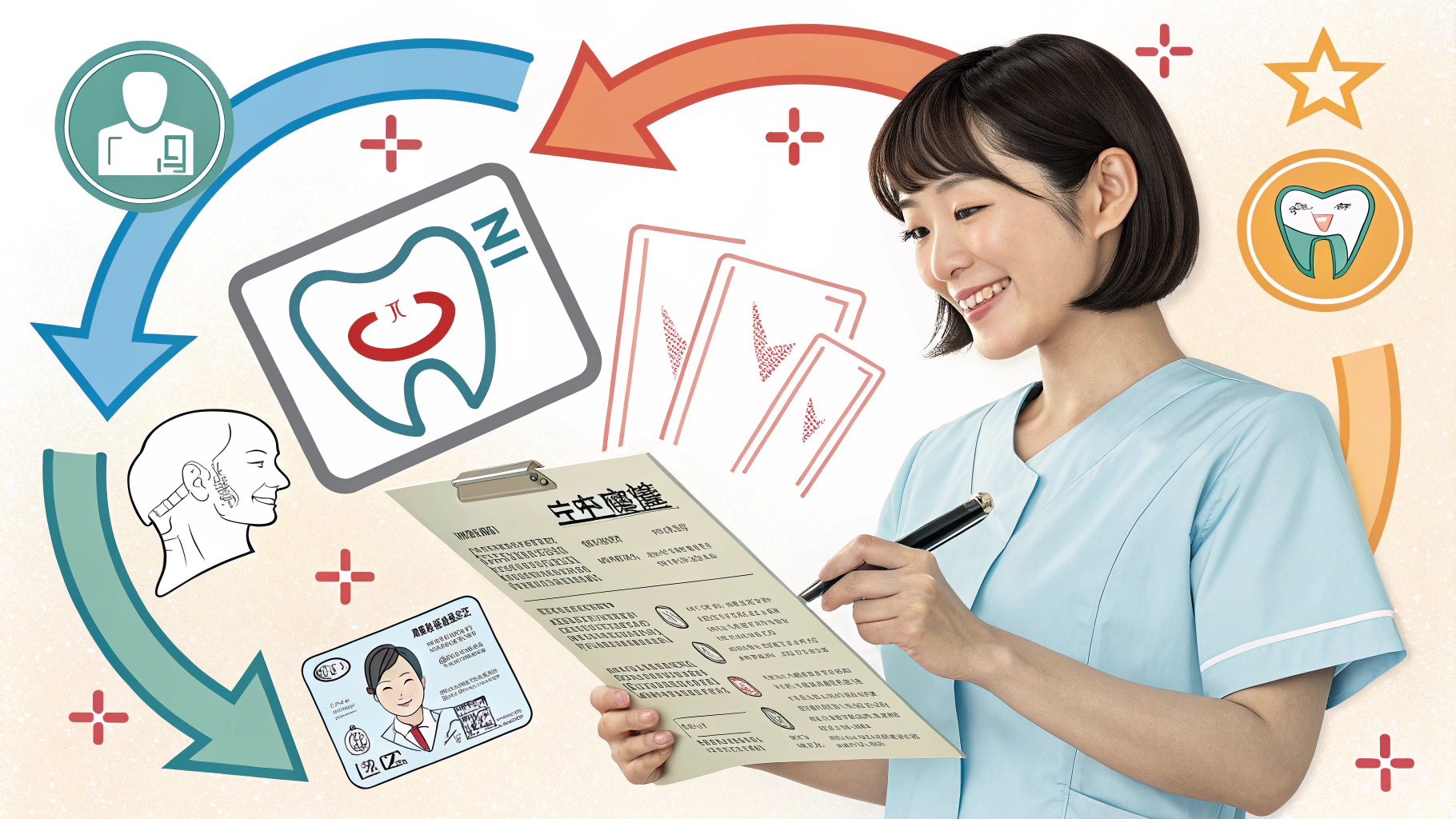 笑顔の歯科スタッフと医療手続きや治療を示す背景イラスト