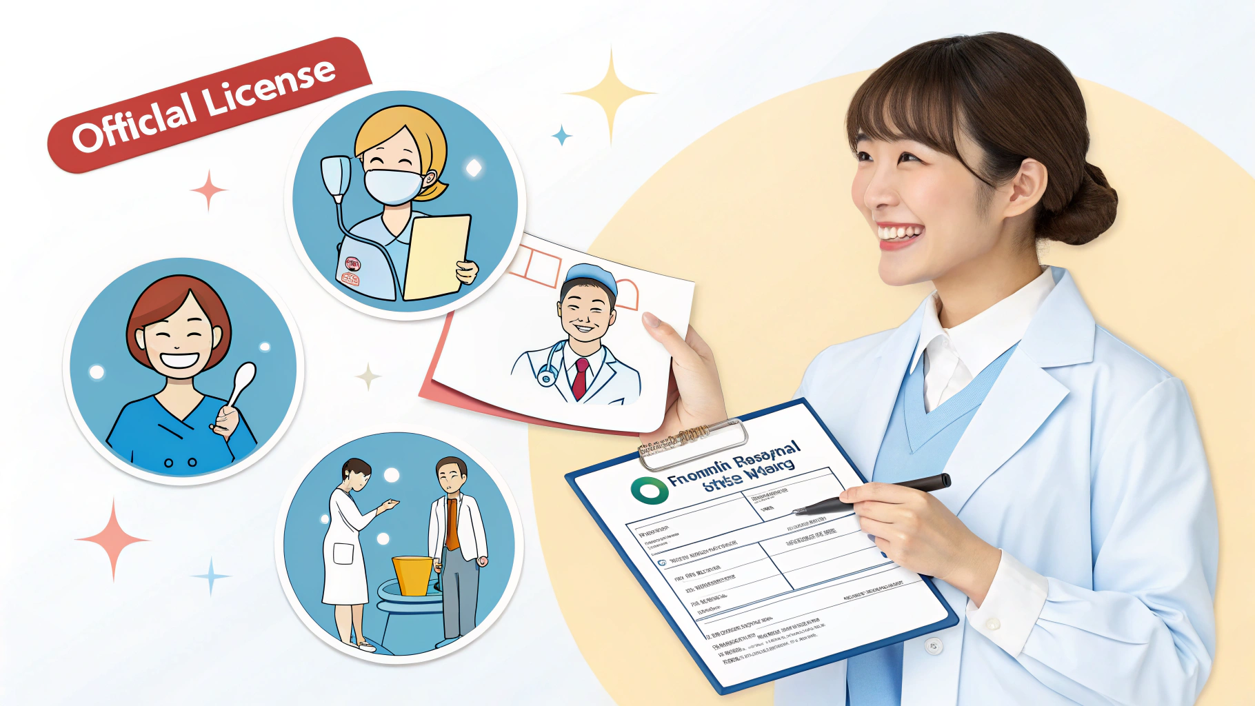 歯科衛生士が書類に記入する横に医療介護栄養士などのイラスト