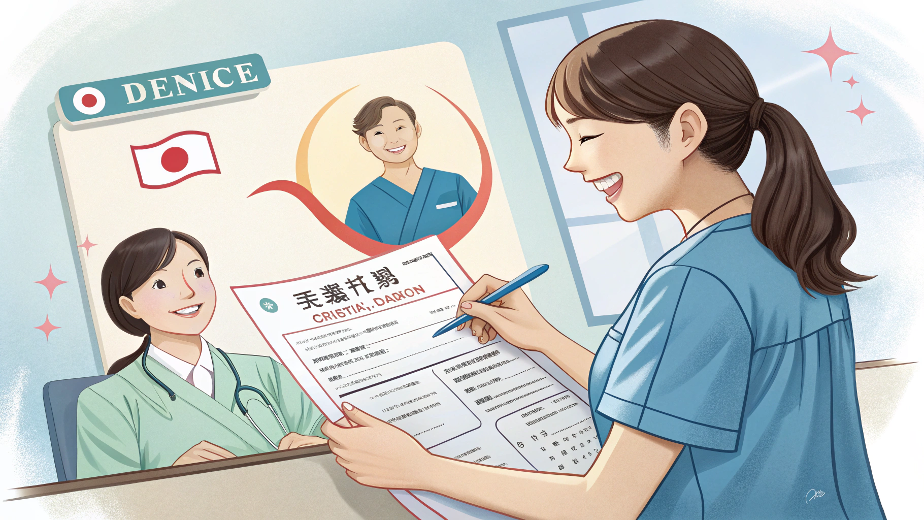 日本の手続き書類に記入する歯科衛生士 隣で見守る女性