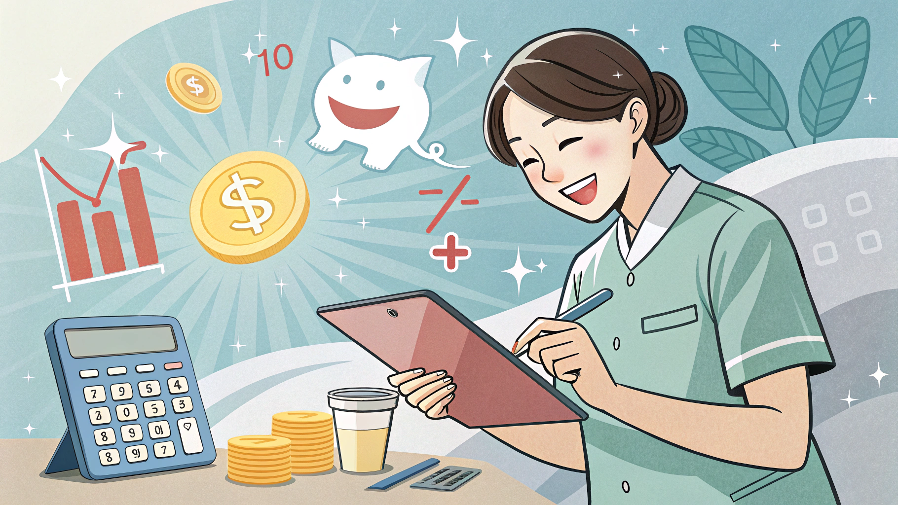 歯科衛生士が電卓とグラフを見ながらボーナス金額を計算しているイラスト